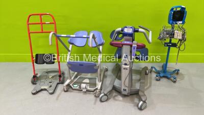1 x Arjo Alient Electric Hoist with Battery and Controller (Powers Up), 1 x Arjo Stedy Patient Standing Aid, 1 x RoMedic ReTurn 7500 Standing Aid and 1 x GE ProCare Auscultatory 300 Vital Signs Monitor on Stand (Powers Up)