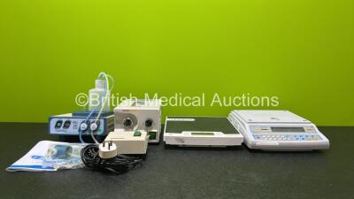 Mixed Lot Including 1 x QuickRinse Automated Instrument Rinse System with 1 x Attachment, 1 x Welch Allyn Model 73336 AC Adaptor, 1 x Olympus CLK-4 Halogen Light Source (Powers Up), 1 x Adam Equipment CBK 4 Bench Counting Scale (Missing Case - See Photo) 