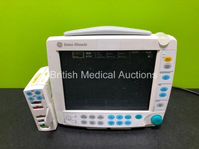 GE Type F-FM-00 Patient Monitor (Powers Up and Damaged Casing - See Photo) with 1 x GE E-PSMP-00 Module Including ECG, SpO2, NIBP, P1-P2 and T1-T2 Options