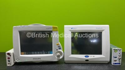 Job Lot Including 1 x Philips IntelliVue MP20 Patient Monitor (Powers Up, Missing Batteries and Damaged Case - See Photo) with 1 x Philips M3001A Opt A01C06C12 Module Including ECG, SpO2, NBP, Press and Temp Options and 1 x Spacelabs Ultraview SL Monitor 