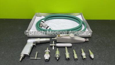 Synthes Swiss 510.01 6244 Handpiece, 1 x Swiss Made 648 Handpiece with Assorted Attachments, Chuck Key and Hose in Tray