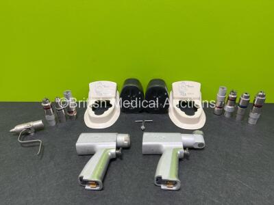 Job Lot Including 1 x Stryker System 5 4203 Rotary Handpiece, 1 x Stryker System 5 4208 Sagittal Handpiece, 2 x Stryker 4126-130 Battery Transfer Shields, 2 x Stryker 4126-120 Aseptic Battery Housings, 8 x Attachments and 1 x Chuck Key