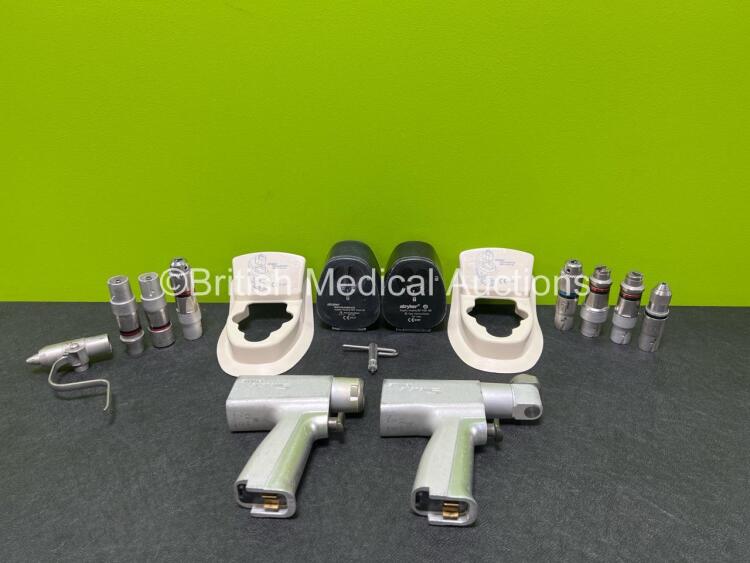 Job Lot Including 1 x Stryker System 5 4203 Rotary Handpiece, 1 x Stryker System 5 4208 Sagittal Handpiece, 2 x Stryker 4126-130 Battery Transfer Shields, 2 x Stryker 4126-120 Aseptic Battery Housings, 8 x Attachments and 1 x Chuck Key