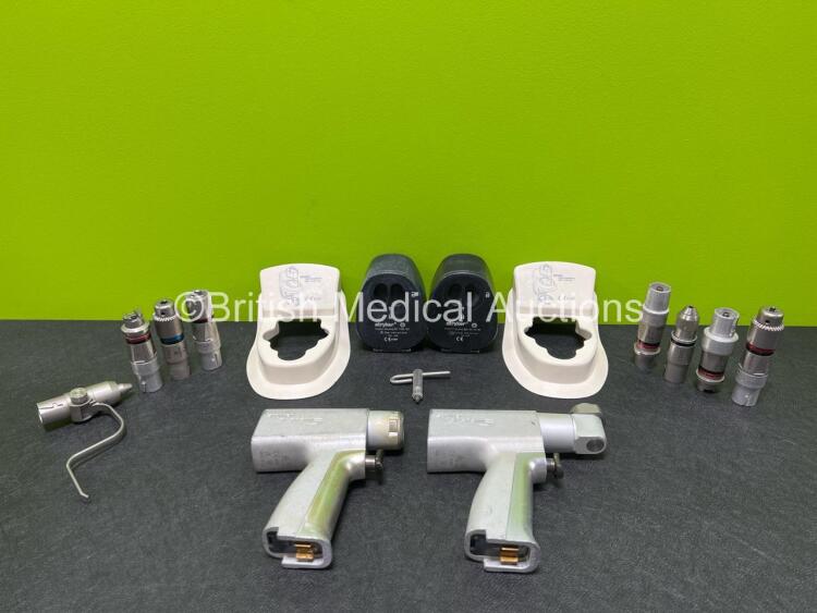 Job Lot Including 1 x Stryker System 5 4203 Rotary Handpiece, 1 x Stryker System 5 4208 Sagittal Handpiece, 2 x Stryker 4126-130 Battery Transfer Shields, 2 x Stryker 4126-120 Aseptic Battery Housings, 8 x Attachments and 1 x Chuck Key