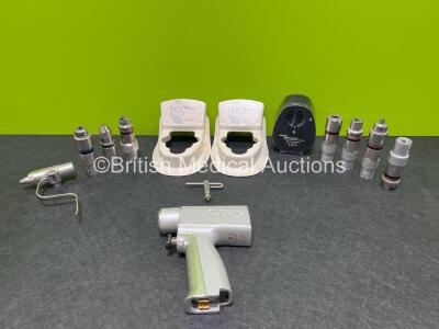 Job Lot Including 1 x Stryker System 5 4203 Rotary Handpiece, 2 x Stryker 4126-130 Battery Transfer Shields, 1 x Stryker 4126-120 Aseptic Battery Housing, 8 x Attachments and 1 x Chuck Key