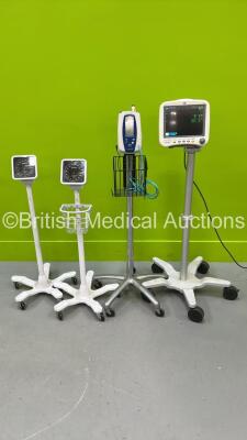1 x Welch SPOT Vital Signs Monitor on Stand, 1 x GE Dash 4000 Patient Monitor on Stand with BP1/2, BP2/4, SPO2, Temp/Co, NBP and ECG Options (Both Power Up) and 2 x Welch Allyn Blood Pressure Meters on Stands *S/N SD010501971GA*