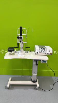 CSO SL980 Type 5x Slit Lamp / YAG Laser System with 2 x 12,5x Eyepieces, Chin Rest and Litechnica Lightlas 532 Laser on Motorized Table (No Power - Incomplete) *S/N 06070241*