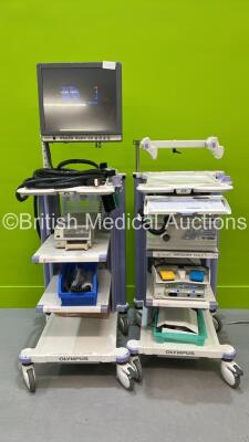 2 x Olympus Stack Trolleys with Olympus OEV191H Monitor, Olympus Evis Lucera CV-260SL Digital Processor, Olympus Evis Lucera CLV-260SL Light Source, 2 x Olympus MAJ-1154 Pigtail Connectors, Sony UP-21MD Color Video Printer, Stack Connection Cable, Olympus