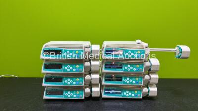 8 x B.Braun Perfusor Space Syringe Pumps with 2 x Power Supplies (All Power Up, 1 x Damaged Casing and 6 x Missing Batteries - See Photos) *RI*