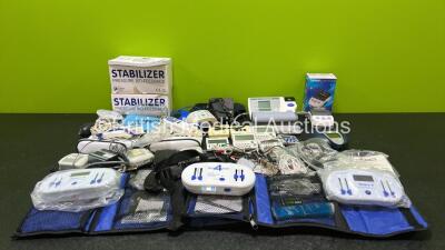 Mixed Lot Including 3 x Physio Med Neuro 4 Advanced Stimulation Systems with Accessories, 3 x Stabilizer Pressure Bio-Feedback Units, 2 x NBFA Alpha Digital TENS Machines in Bags, 1 x Nervo Charger with 1 x Power Supply, 1 x Omron 705IT Digital BP Monitor