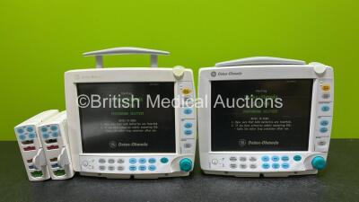 2 x GE Datex Ohmeda S/5 FM Patient Monitors *Both Mfd 2010* (Both Power Up and 1 x Damaged Casing- See Photo) with 2 x GE E-PSMP-00 Modules Including ECG, SpO2, NIBP, P1-P2 and T1-T2 Options *Mfd 2009 & 2010* *SN 6590832 / 6285587 / 6608542 / 6608515*