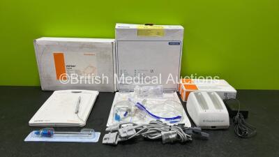 Mixed Lot Including 1 x Smith & Nephew Visitrak Digital Device, 1 x BladderScan Battery Charger with 1 x Power Supply, 6 x Fingertip Sensors (4 x Damaged Cables - See Photos), 1 x Smith & NephewElite Stonecutter 4.0mm Ref 72200728 *Expiry Date 2025*, 2 x 