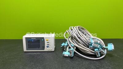 Job Lot Including 1 x Philips IntelliVue X2 Handheld Patient Monitor with ECG, SpO2, NBP, Press and Temp Options *Mfd 2015* (Powers Up with Stock Battery - Stock Battery Not Included and Damaged Case - See Photo) and 9 x M3081-61602 Cables / Leads *SN DE5