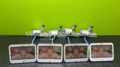 4 x Natus neoBLUE mini LED Phototherapy Lights (All Power Up and All Cracked Cases - See Photos) with 4 x Elpac Power Supplies *SN 60319 / 60321 / 60318 / NA*