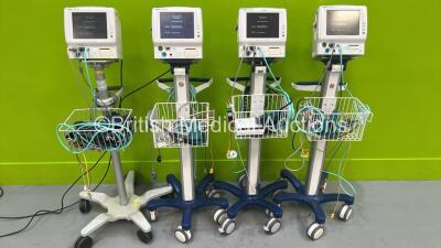 4 x Fukuda Denshi DS-7100 Patient Monitors on Stands with Selection of Cables (All Power Up) *S/N 50000368 / 38100689 / 50000855 / 80001823*