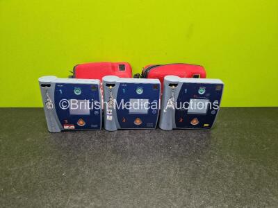 Job Lot Including 2 x Philips Heartstart FR2+ Defibrillators (Both Power Up) in Case and 1 x Agilent FR2 Heartstart Defibrillators (Power Up) with 3 x LiMnO2 Batteries *Install Before - 2022 / 2025 / 2025* **SN 1110890075 / 1103106106 / 0302055499**