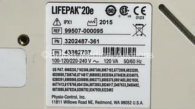 2 x Lifepak 20e Defibrillators / Monitors *Mfd - 2015 / 2015* (Both Power Up) Including Pacer, ECG and Printer Options with 2 x Li-ion Batteries, 2 x ECG Leads and 2 x Paddle Cables *SN 43881203 / 43882787* - 5